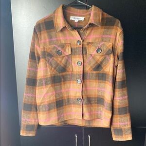 Steve Madden size S approx 24 inches long Women's Plaid Jacket in Brown and Pink